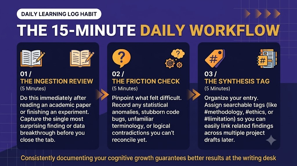 Horizontal step-by-step infographic showing a 15-minute daily workflow for updating a learning log, including Ingest (write breakthroughs), Friction Check (note confusion), and Tag (organize with keywords) on a branded deep purple and gold background.