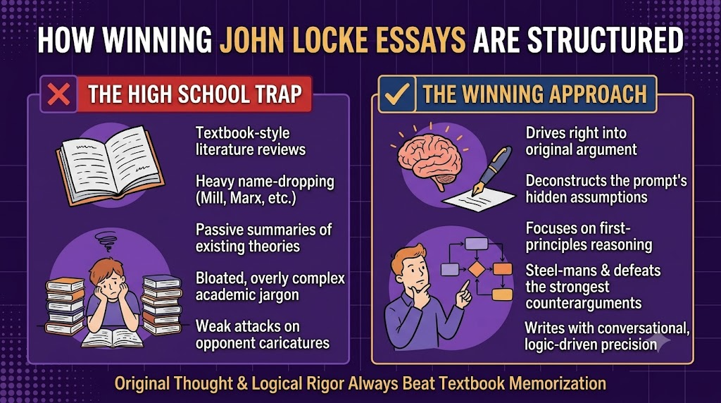 Infographic comparing a weak high school essay trap with a winning, logic-driven approach on a deep purple background