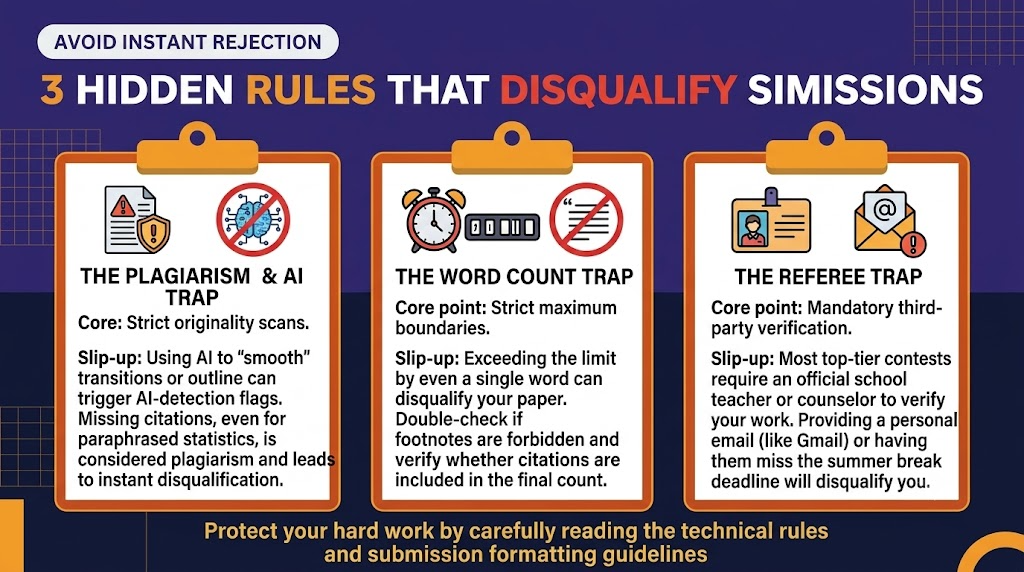 A Warning checklist infographic titled "3 HIDDEN RULES THAT DISQUALIFY SUBMISSIONS" on a deep purple and gold background. Clipboard cards cover "The Plagiarism & AI Trap" (rigorous detection), "The Word Count Trap" (strict limits, forbidden footnotes), and "The Referee Trap" (verifiable school contact required).