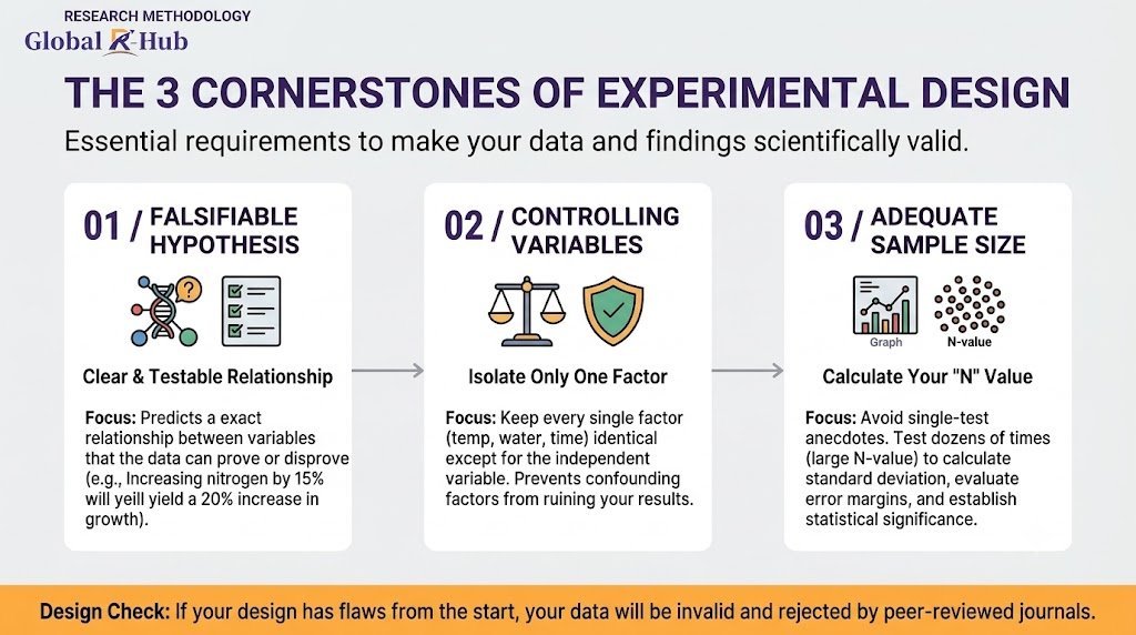 A simple, flat process diagram on a light-gray background illustrating the three cornerstones of valid experimental design: Falsifiable Hypothesis, Controlling Variables, and Adequate Sample Size, set in a clean, linear layout with illustrative icons.