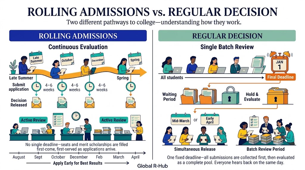Rolling Admissions vs. Regular Decision comparison infographic showing continuous 4-6 week evaluation versus single batch review.
