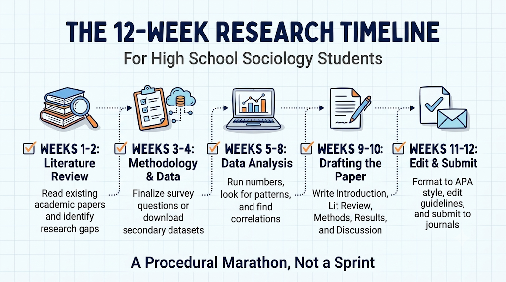 Infographic of a 12-week high school sociology research timeline from literature review to data analysis and submission