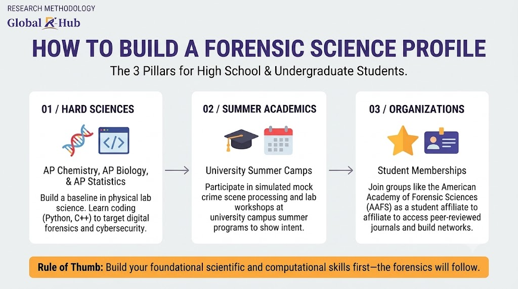 A simple linear process diagram on a light-gray background illustrating the three pillars for high school students to build a competitive forensic profile: Hard Sciences (AP STEM/Coding), Summer Academics (University camps), and Professional Organizations (Student affiliate status).