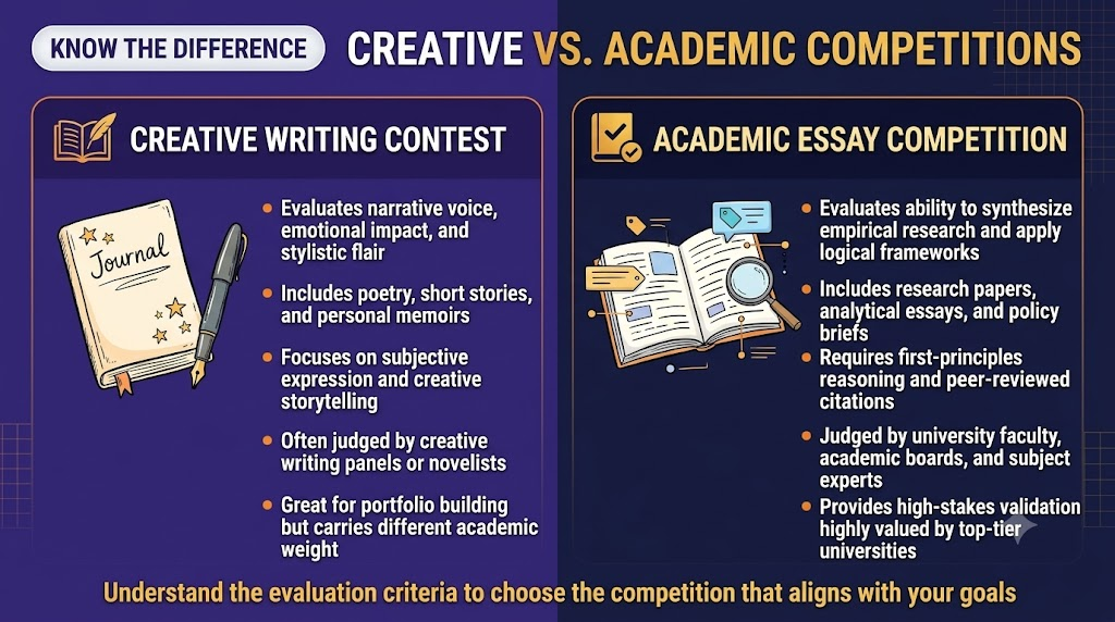 Infographic comparing a creative writing contest (focus on narrative voice and creativity) with an academic essay competition (focus on empirical research, first-principles logic, and peer-reviewed citations) on a branded deep purple and gold background.
