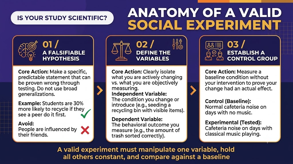 An infographic breaking down the key elements of a valid social experiment, highlighting the Falsifiable Hypothesis, Dependent/Independent Variables, and the Control Group, set against a branded deep purple and gold background.