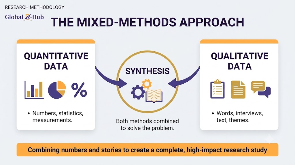 A simple flow diagram of a Mixed-Methods Approach, showing quantitative numbers on the left and qualitative text on the right merging into a central synthesis bubble, set on a clean light-gray background.