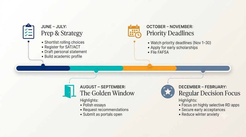 Month-by-month rolling admissions application timeline from June to February showing key steps for prep, early submissions, priority scholarship deadlines, and regular decision focus.