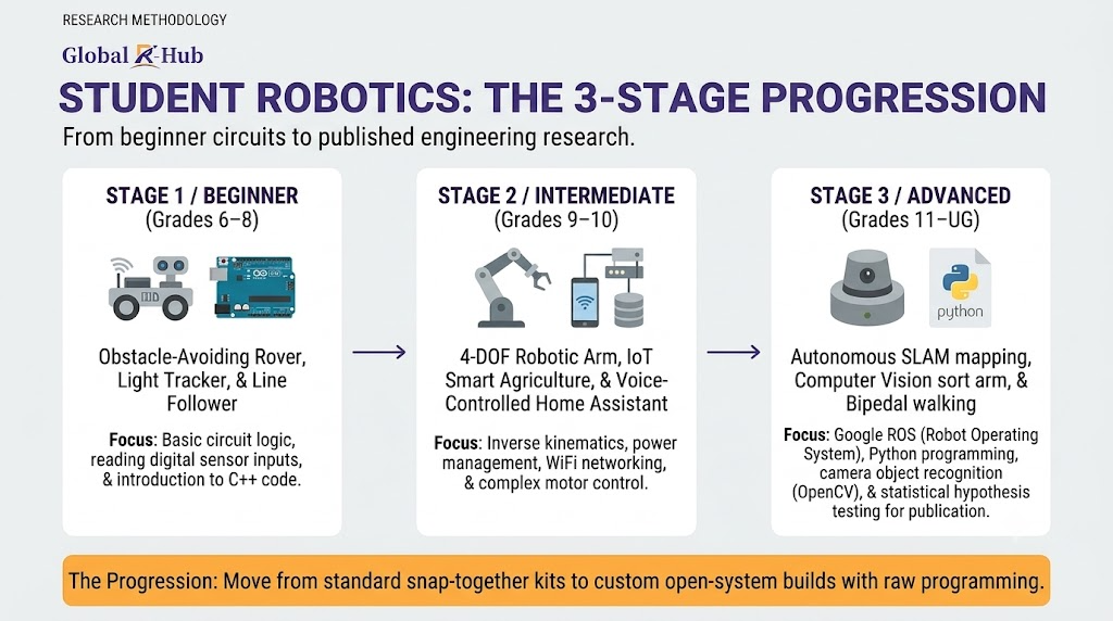 A simple linear process diagram on a light-gray background illustrating the three levels of robotics projects: Beginner (Grades 6–8) focusing on basic circuit logic, Intermediate (Grades 9–10) adding robotics mechanics & kinematics, and Advanced (Grades 11–Undergraduate) featuring computer vision & ROS, set against a minimalist backdrop.
