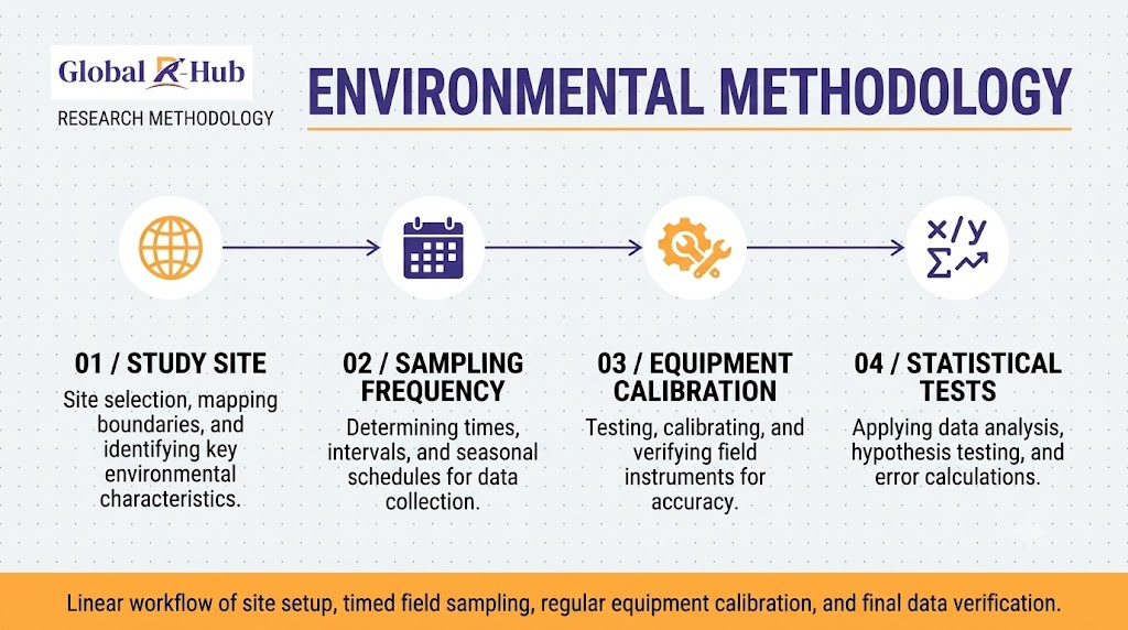 A 4-step linear flow diagram infographic detailing 'Environmental Methodology'. It displays four steps with icons: an orange globe for 'Study Site', a dark purple calendar for 'Sampling Frequency', an orange gear for 'Equipment Calibration', and a dark purple math symbol for 'Statistical Tests'.